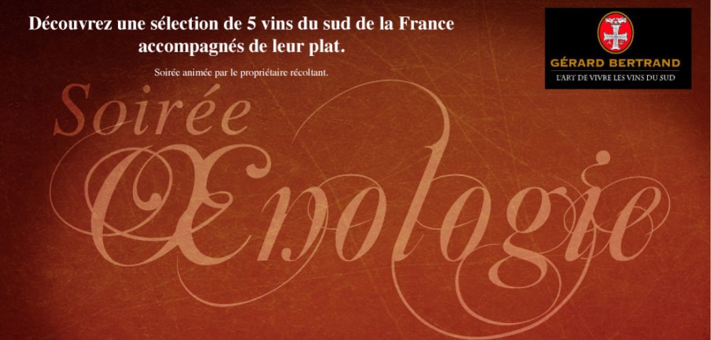 Soirée œnologie le 6 juin : <br>Découvrez une sélection de 5 vins du sud de la France,  accompagnés de leur plat. 